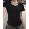 Dam vit slim fit U-ringad bomulls-t-shirt, sommar kortärmad topp i 2025-stil