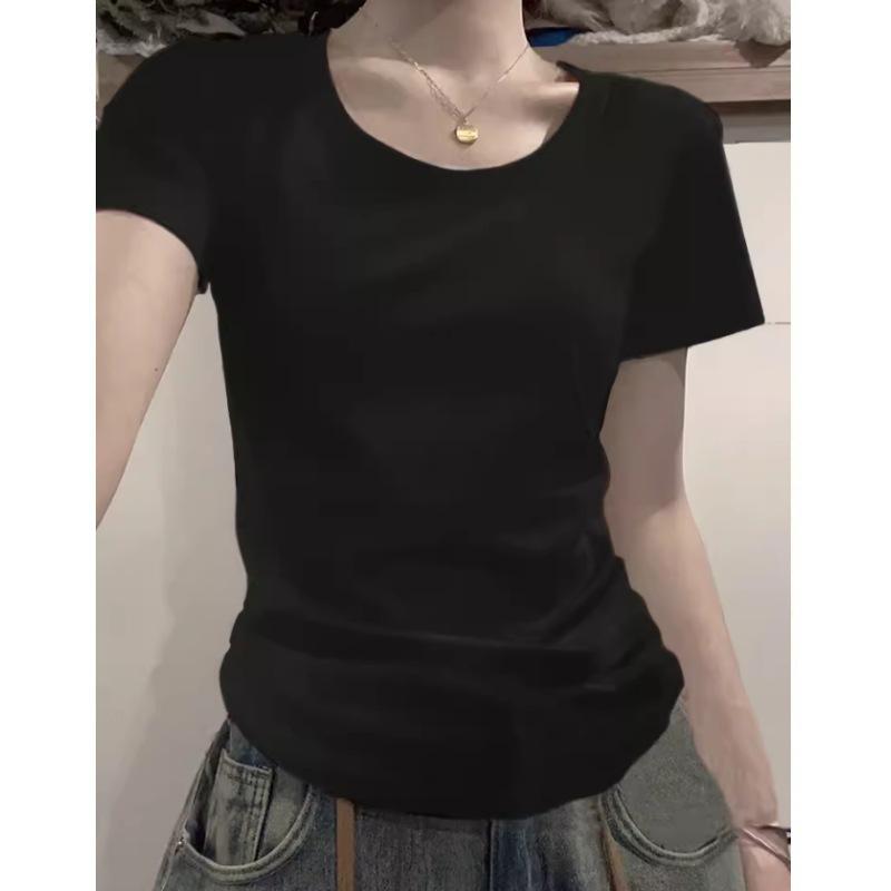 Dam vit slim fit U-ringad bomulls-t-shirt, sommar kortärmad topp i 2025-stil