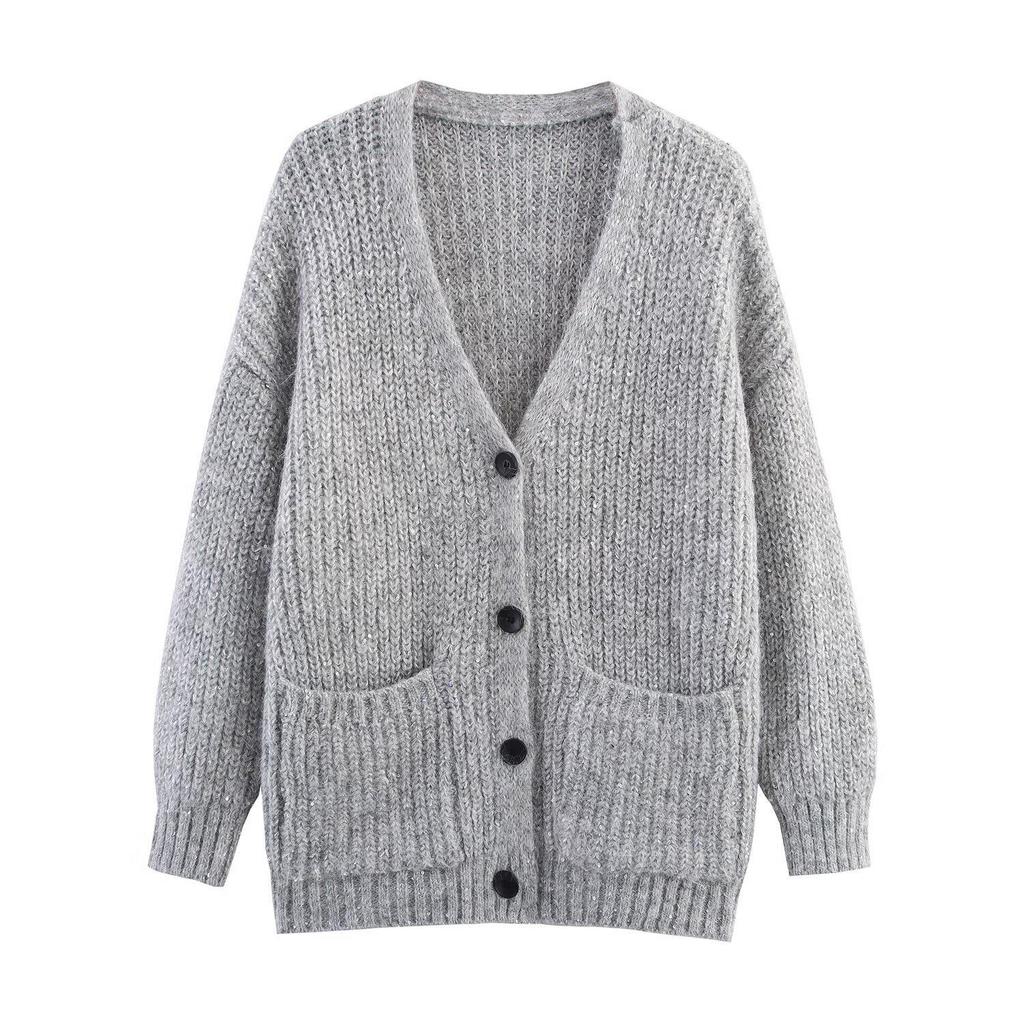 2025 Autumn Women's European & American Style Loose Knit V-neck Long Sleeve Cardigan Sweater