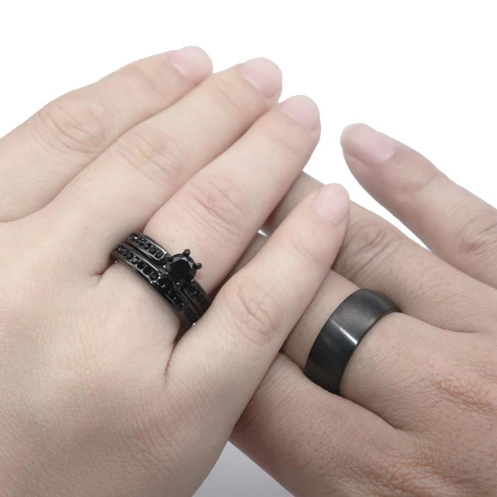 Charm Couple Rings For Women Black Rhinestones Rings Set Trendy Men Stainless Steel Ring Fashion Wedding Jewelry For Lover Gifts