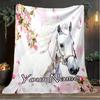 1PC Custom Name "Cherry Blossom Horse Dream" Outdooor Flannel Blankets Patterns Throw Blanket All-Season Soft Gift for Couch, Bed, Camping Gifts