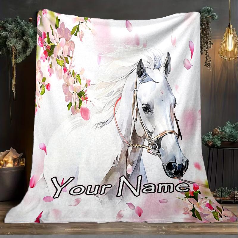1PC Custom Name "Cherry Blossom Horse Dream" Outdooor Flannel Blankets Patterns Throw Blanket All-Season Soft Gift for Couch, Bed, Camping Gifts
