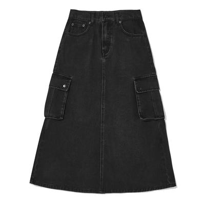 Intercrew Women'S Black Cargo A-Line Long Denim Skirt Black Ita2Sl62Abk