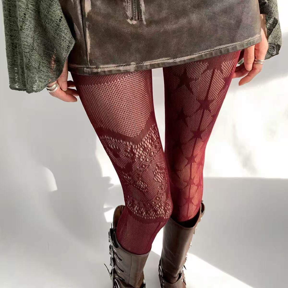 

Lace Patterned Tights for Women Sheer Full Length Pantyhose Soft Stretchy Material Star Design Mesh Stockings One Size винний