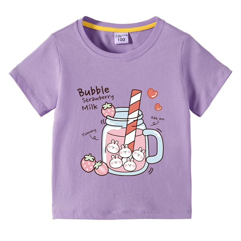 Girls TShirt Bubble Strawberry Milk Print Short Sleeve Tee Cute Cartoon Summer Casual Tops for Kids Children