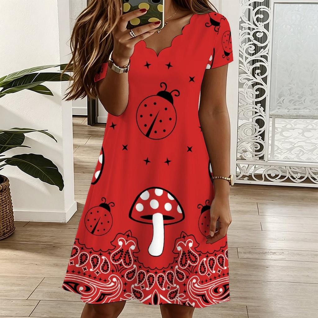 Ladies V Neck Retro Botanical Printed Plus Size Dress Summer Short Sleeve Loose Tunic