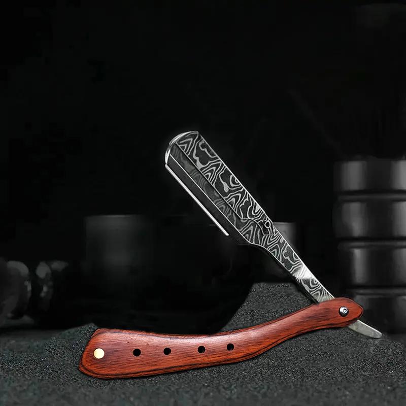 1 ks Dřevěný Profesionální Ruční Holicí Strojek Rovná Čepel Nerezová Ocel Ostrá Holičská Žiletka Skládací Holicí Břitva na Vousy