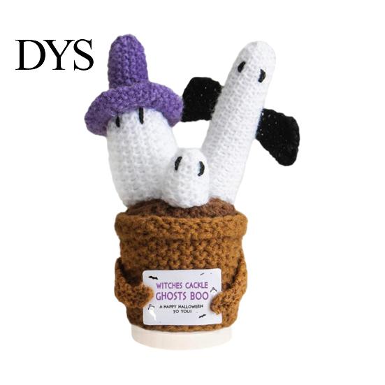 Whimsical Witch Hat Pumpkin Doll Hand Knitted Halloween Ghost Ornament, Crochet Plush with Soft Cotton Yarn Healing Companion Encouragement Card, Cute