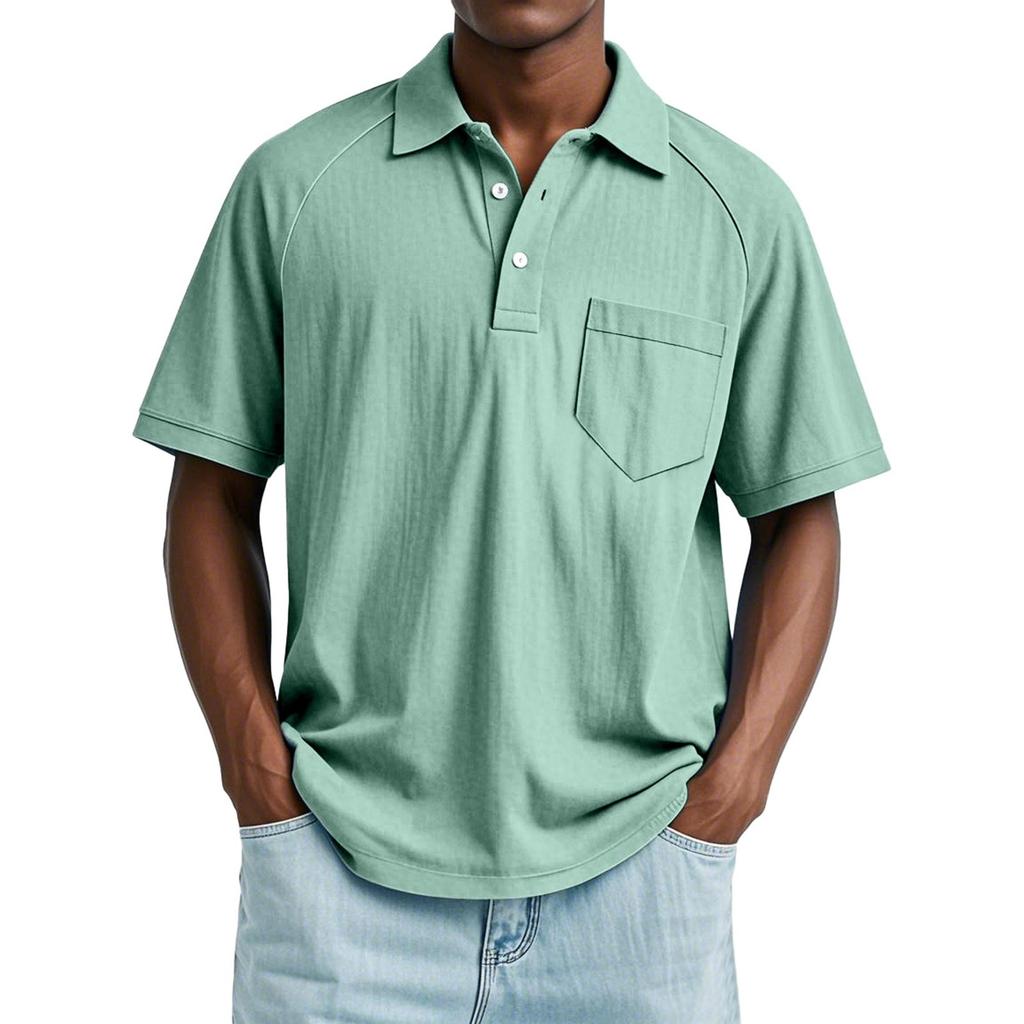 Men's Summer Solid Color Button Pocket Lapel Loose Raglan Short Sleeve Top