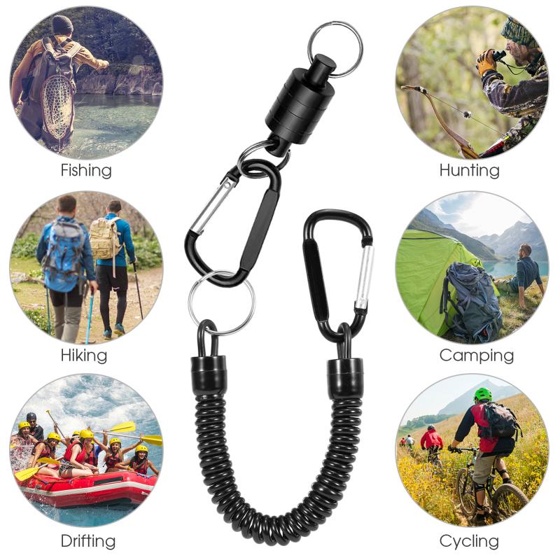 Magnetic Net Release Holder With Coiled Lanyard Fly Fishing Tools Strong Magnet Carabine Fast Buckle Anti-Drop Rope Accessories