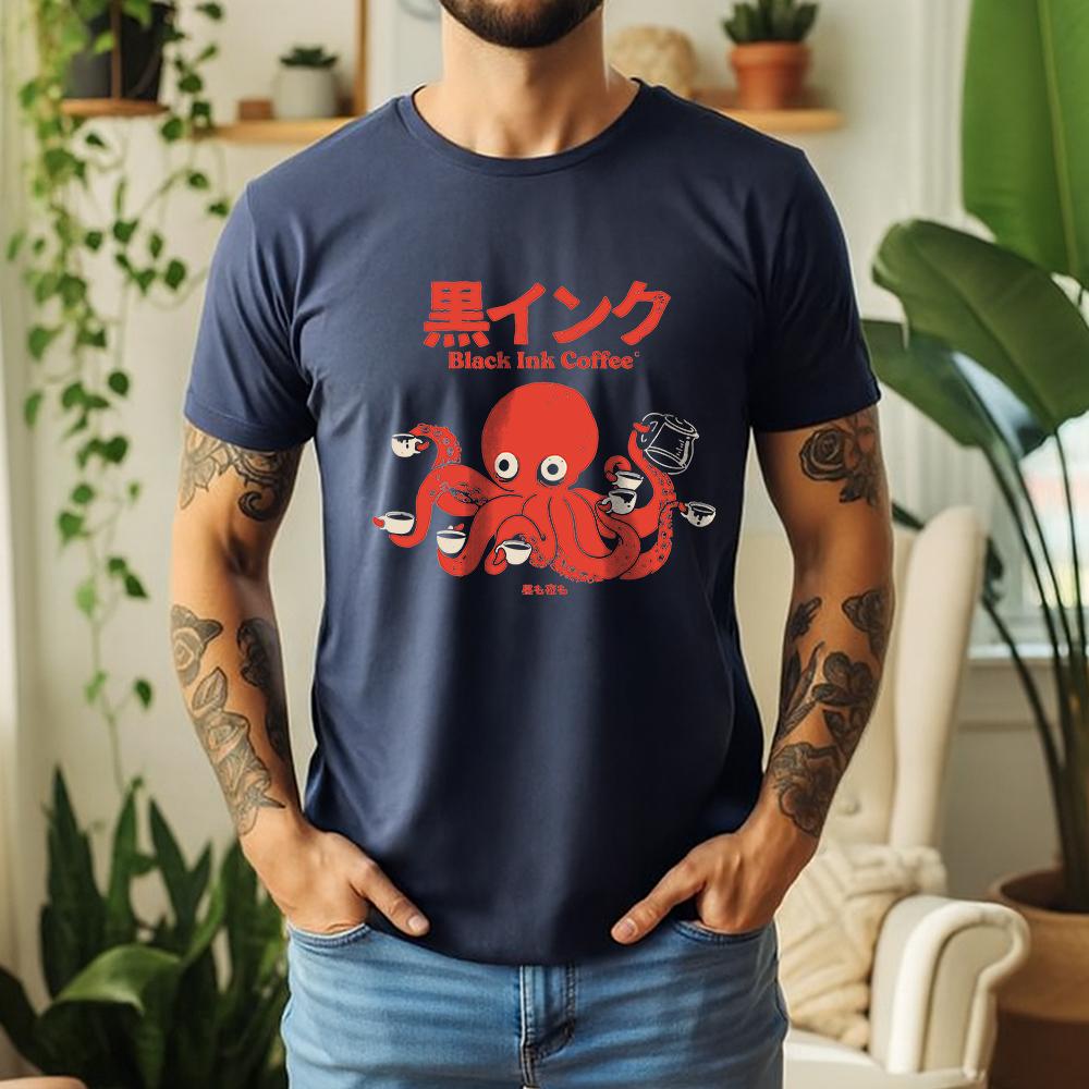 Summer 100% Pure Cotton T-Shirt Black Ink Coffee Octopus Japanese Street Cool Casual Tee Short