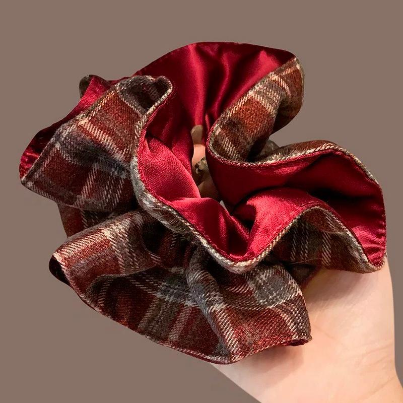 Korean Red Plaid Satin Double-Layer Hair Tie for Women - High-End Autumn/Winter Accessory