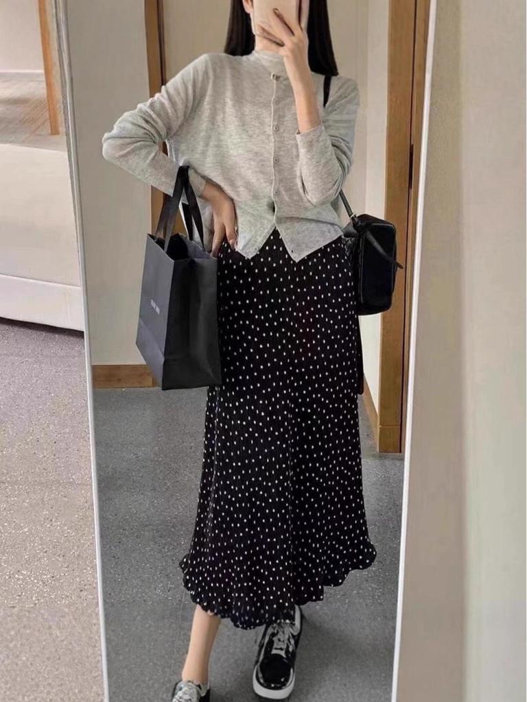 2025 Early Spring Retro Polka Dot High Waist Midi A-line Skirt