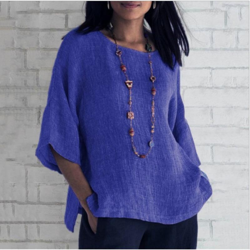 IHUASU Women's Fashion Casual Solid Color Print 3/4 Sleeves O-Neck Blouses & Shirts