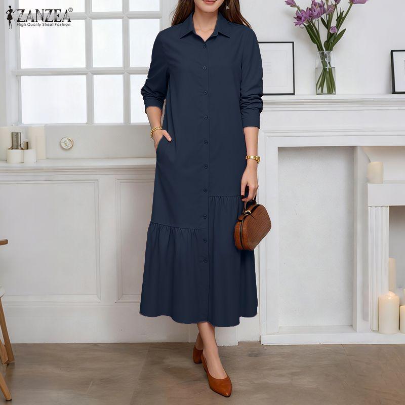 ZANZEA Women Casual Turn Down Collar Loose Long Sleeve Shirt Dress