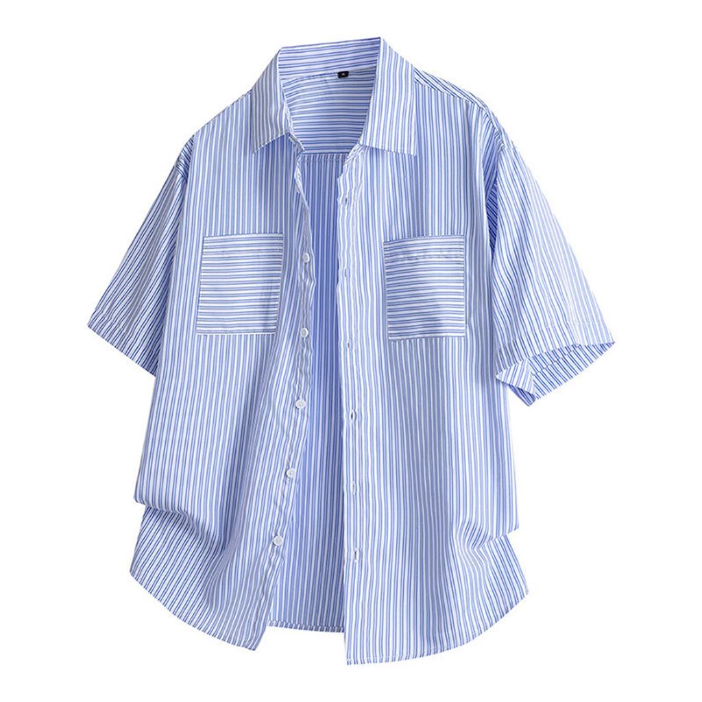 Men's Summer Short Sleeve Striped Shirt Casual Button Pocket Shirt Tops