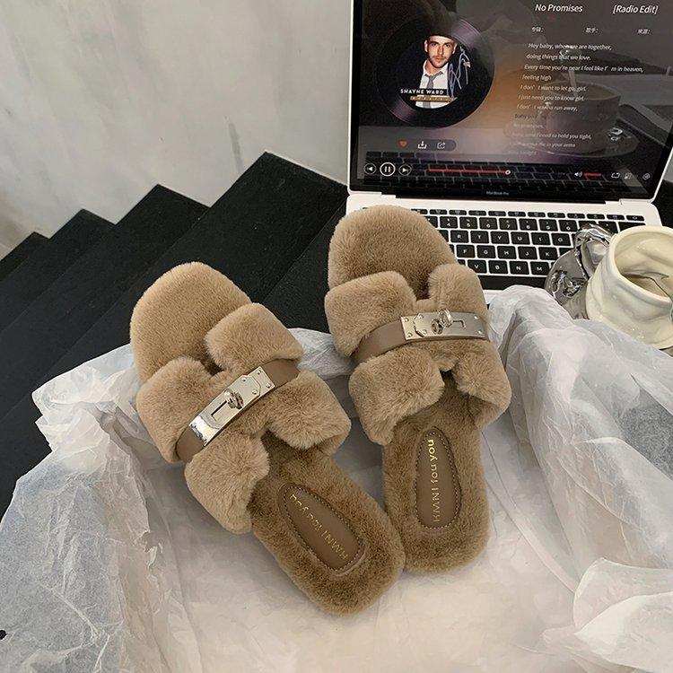 Internet Celebrity Fluffy Slippers Women Wear 2024 Autumn and Winter New Thick Bottom One-word Drag Small Fragrant Style Plush Slippers
