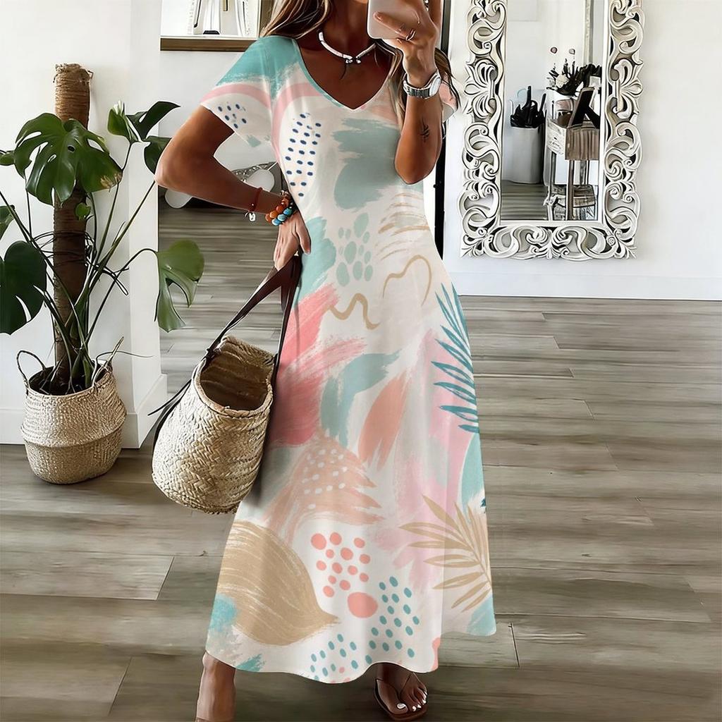 Women Plus Size V Neck Short Sleeve Printed Straight Maxi Dress