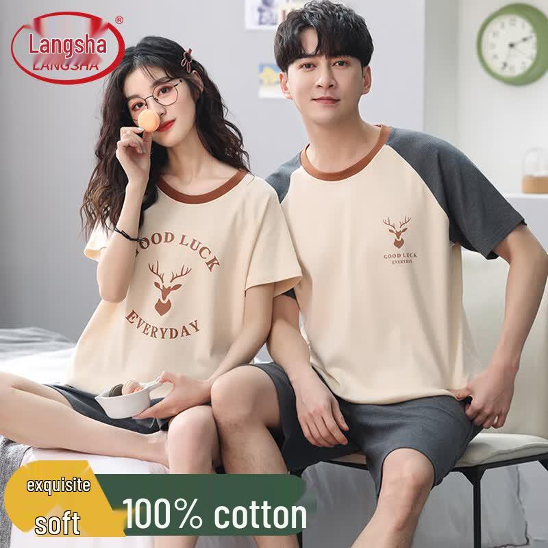 Langsha Summer Deer Print Couple Thin Cotton Short-Sleeve Loungewear Set XL