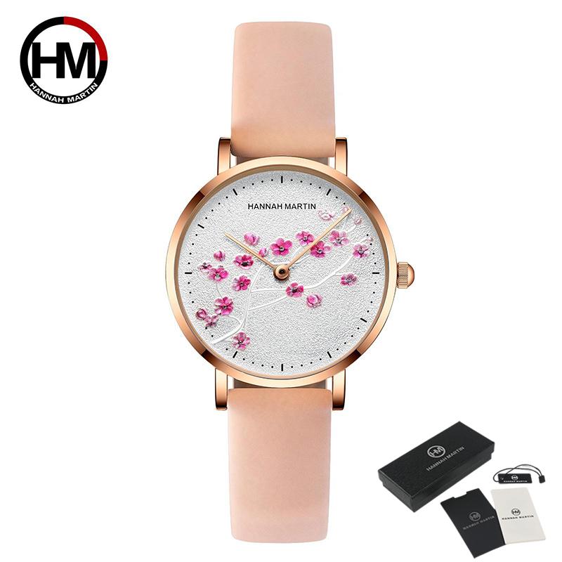 Hannah Martin Damen Luxus Neue 3D Kirschblüte Serie Stahl Gürtel Wasserdicht Quarz Damen Uhr Romantische Kirschblüte Uhr Frauen