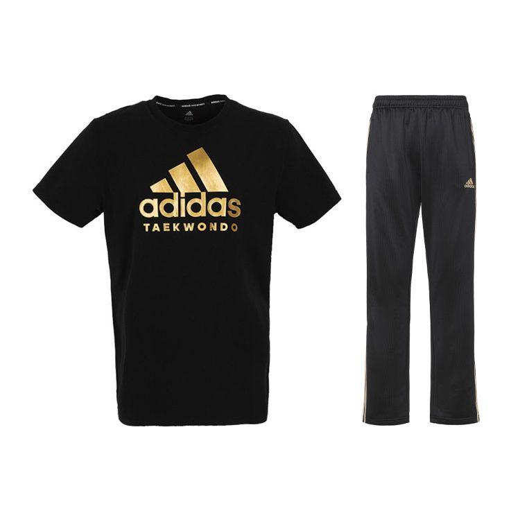

Adidas Футболка с коротким рукавом и принтом логотипа, круглым вырезом, полосками по бокам, прямыми брюками, повседневный спортивный комплект для мужчин, черный, золотой ADICTT-BG+TR30PR-BG M