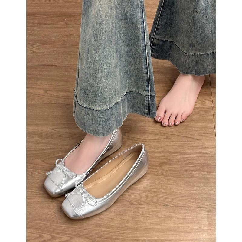 Sheepskin Version~ Leather Small Inner Height Increase Mary Jane Shoes Women's French Retro Bow Ballet Shoes Single Shoes