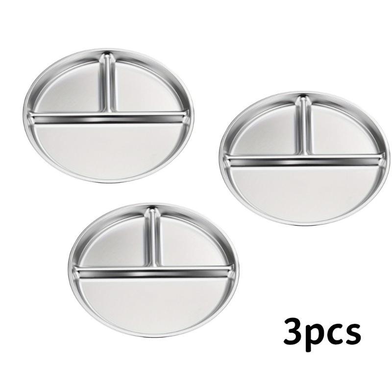 Food Grade 3 Grid Stainless Steel Dinner Plate 23CM Round 1/3Pcs Serving Tray for Commercial Restaurant Fast Food