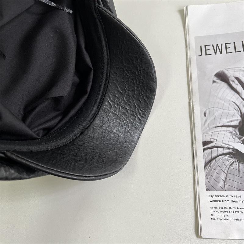 Face Small Black PU Leather Octagonal Hat Children Duck Tongue British Tide Spring and Autumn Summer Leather Hat Beret