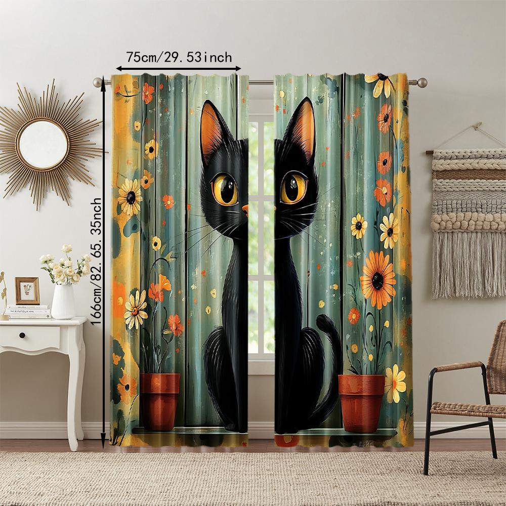 2 pcs   versatile polyester transparent curtains for home decoration Charming Rustic Black Cat & Floral for use in bedrooms and