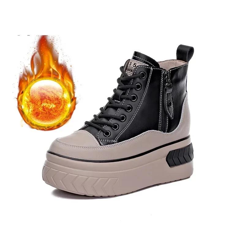 Mode 2025 High Top Damen Schuhe Echtes Leder 8cm Plateau Stiefel Keil Versteckter Absatz Reißverschluss Frühling Herbst Warmes Fell Winterschuhe Sneaker