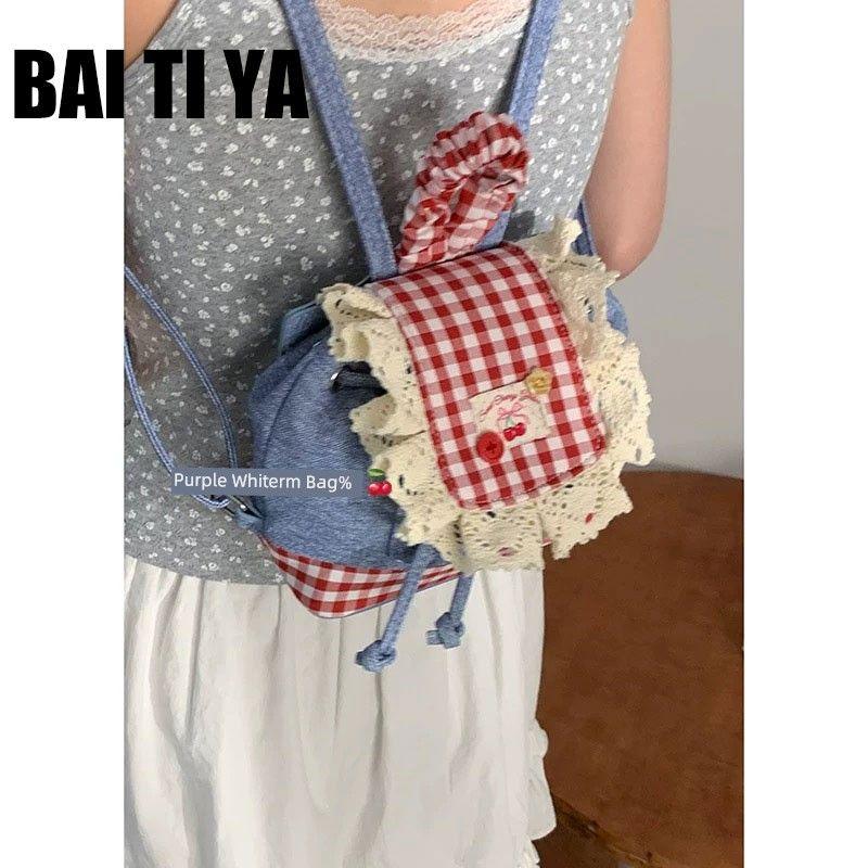

Bai Tiya Denim Backpack Women 2025 New Trendy Fashion Plaid Lace Backpack Shoulder Bucket Bag Red