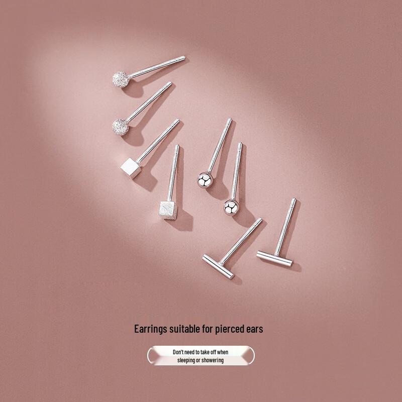 Dijing 999 Sterling Silver Minimalist Ear Studs Set (4 Pairs)
