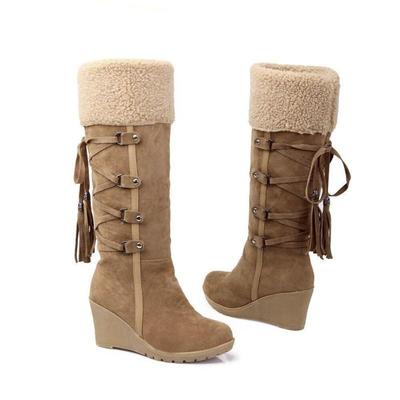 European and American Large-size Women's Shoes, Frosted Back Lace-up, Fringed High Boots, Sleeve Wedge Heel Snow Boots, 40-43 Batches of Women's