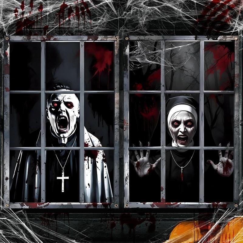 2-Piece Halloween Zombie Ghost Decor Bloody Window Scary Backdrop Outdoor Horror Hanging Cloth Spooky Party Supplies