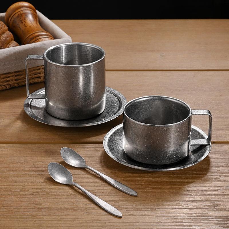 BR304 Stainless Steel Coffee Cup Retro Double-layer Heat-resistant Mug Silver Coffee Cup Afternoon Tea Cups and Saucer Set TeacupEY