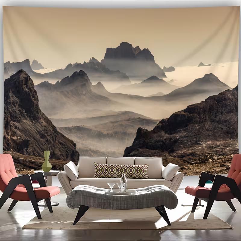 

2D Retro Foggy Mountain Tapestry Vintage Brown Landscape Background Cloth 47.2x31.5inch/120*80cm