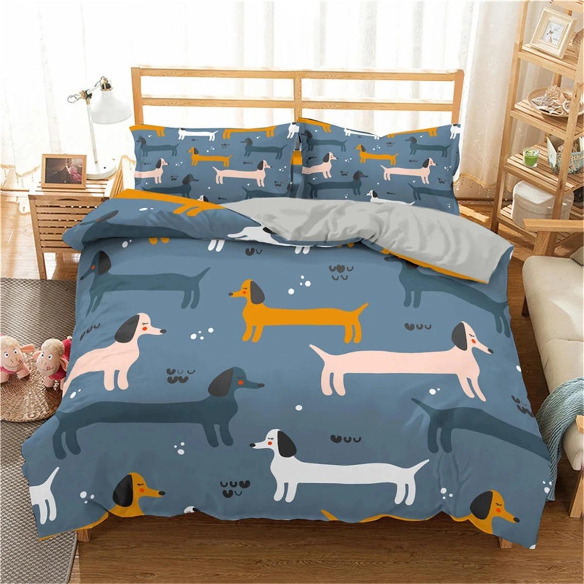 

Sausage Dog Print Duvet Cover Set Queen King Full Size Cartoon Dachshund Puppy Bedding Set For Boys Polyester Comforter Cover 135x200cm