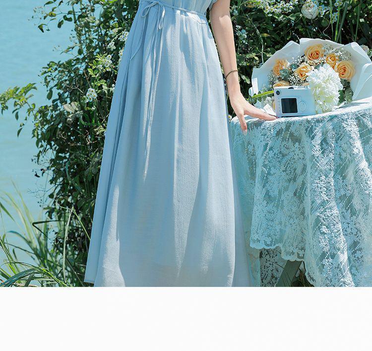 Elegant French Style Long Dress with Petal Sleeves and Belted High Waist