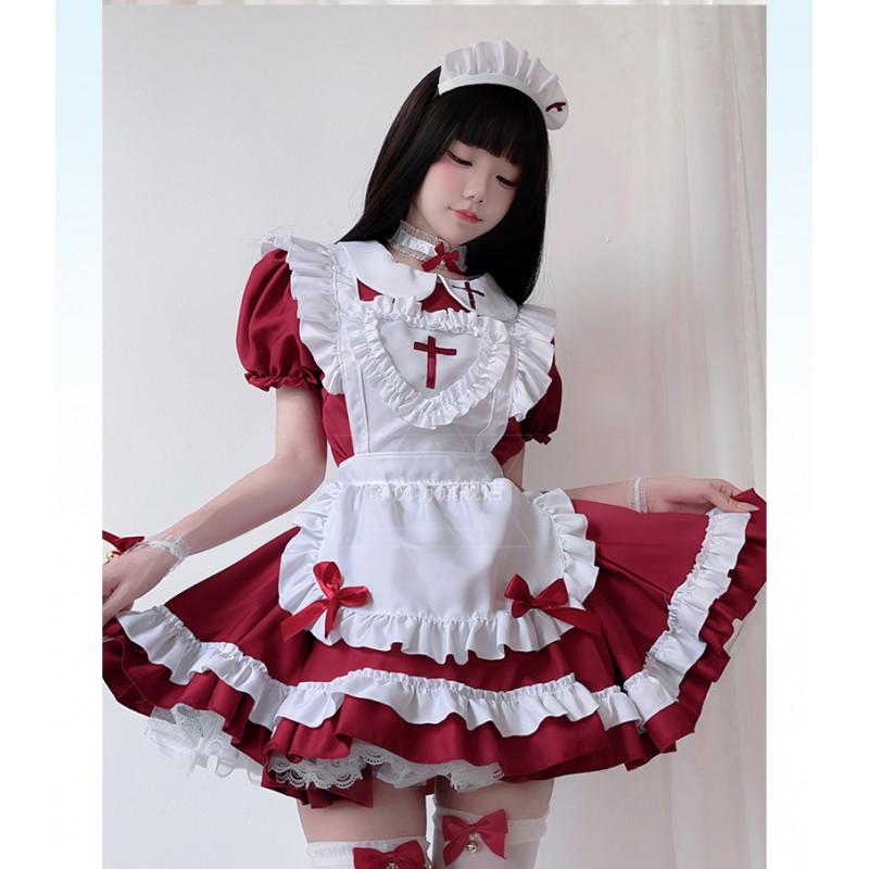 Gothic Cross Maid Dress Halloween Cosplay Costume Anime Lolita Style Adult Women