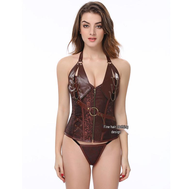 European & American Steel-Boned Leather Punk Corset Waist Cincher for Performance 