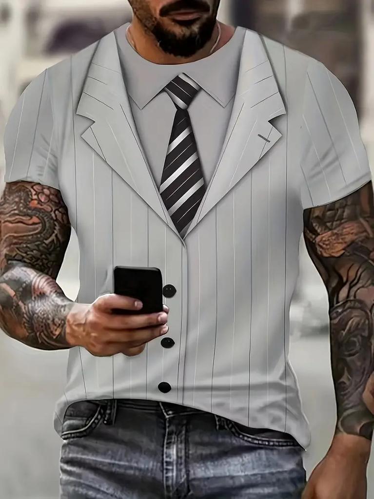 Men 3D Suit Tie Print O-Neck Streetwear Short Sleeve T-shirt