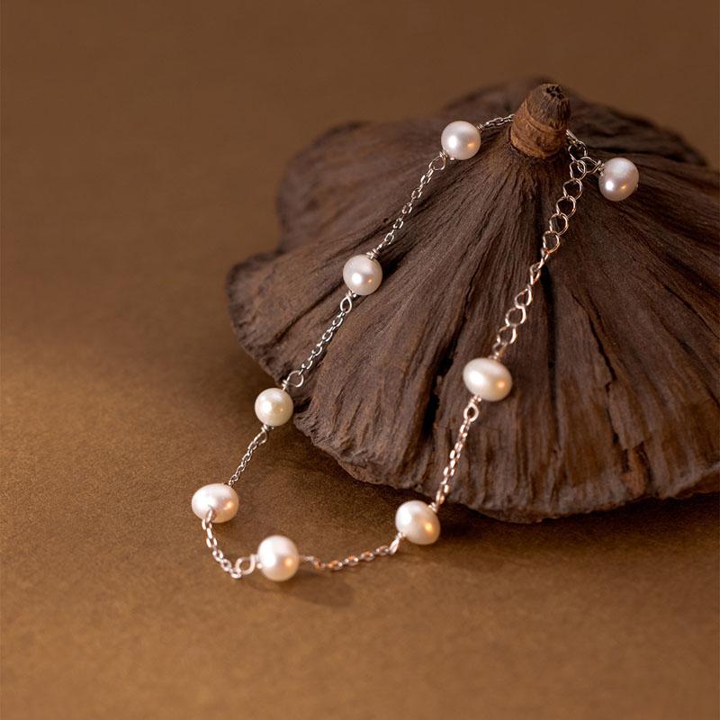 925 Sterling Silver Freshwater Pearl Beaded Bracelet Fine Jewelry for Women