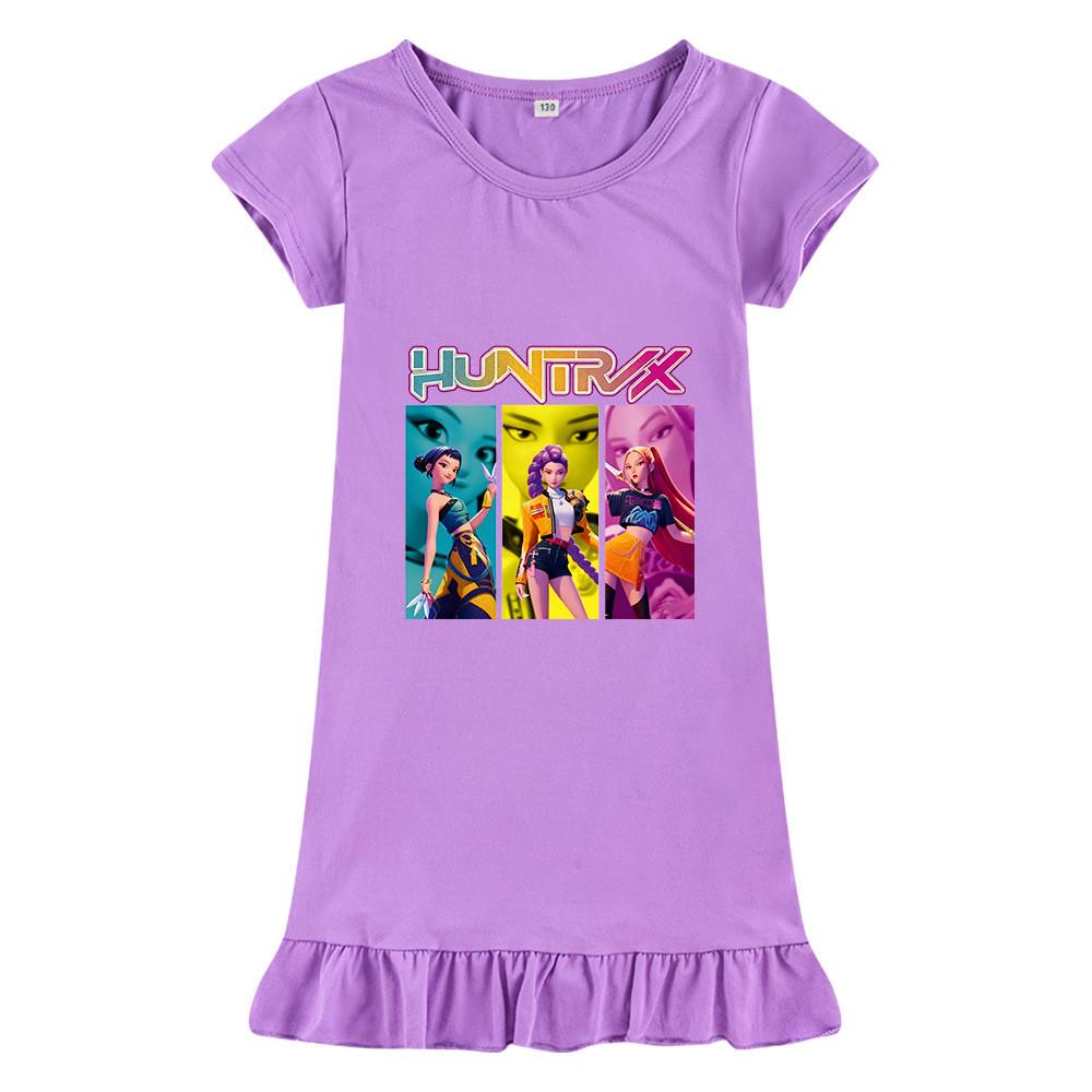 M1236 Kids Girls Kpop Rumi Zoey Mira Print Short Sleeves Ruffle Dress