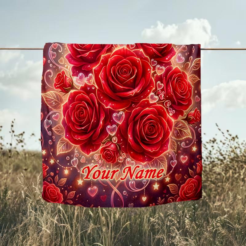 1PC Custom Name Roses Hearts Background flannel blanket versatile,all-season throw suitable for the living room,bedroom,camping,travel,and gift