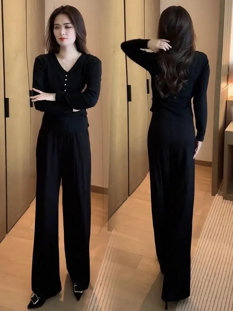 Autumn 2025 Women's Trendy Slimming V-Neck Top & Wide-Leg Pants Set