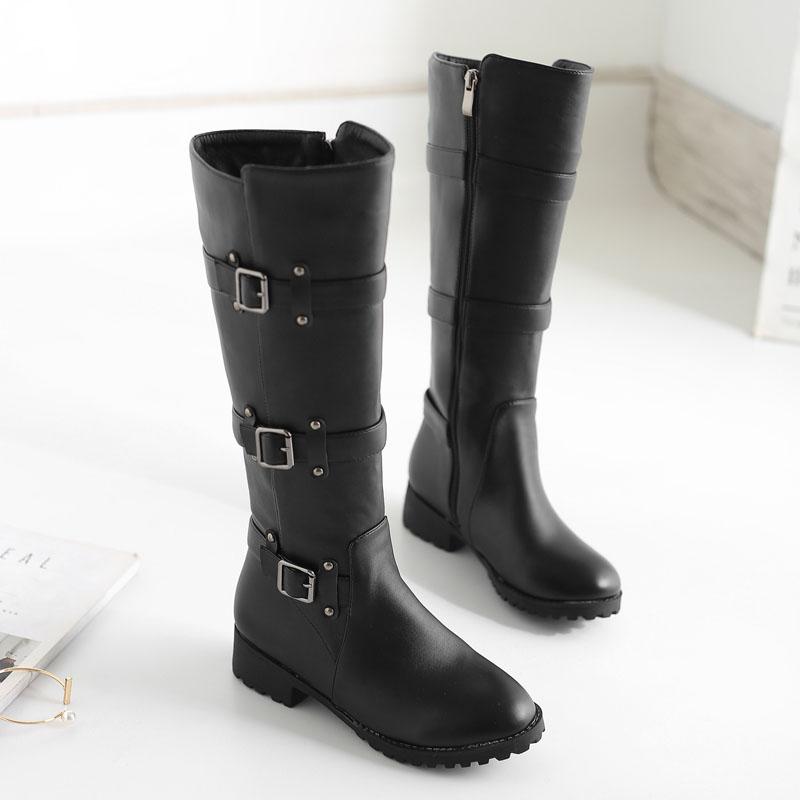 Classic Buckle Strap Knee High Boots for Women Autumn Winter Casual Low Heels High Riding Boot Round Toe Lady Shoes WSH5388