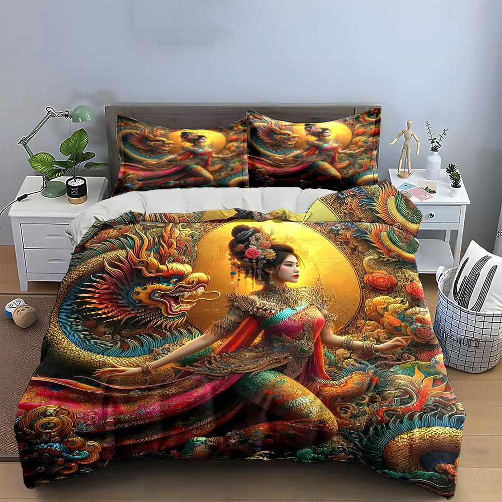 Oriental Dragon Art Decor Set Soft Comfortable Duvet Cover Bedding Set Included 1*Duvet Cover & 2*Pillowcases, Gift