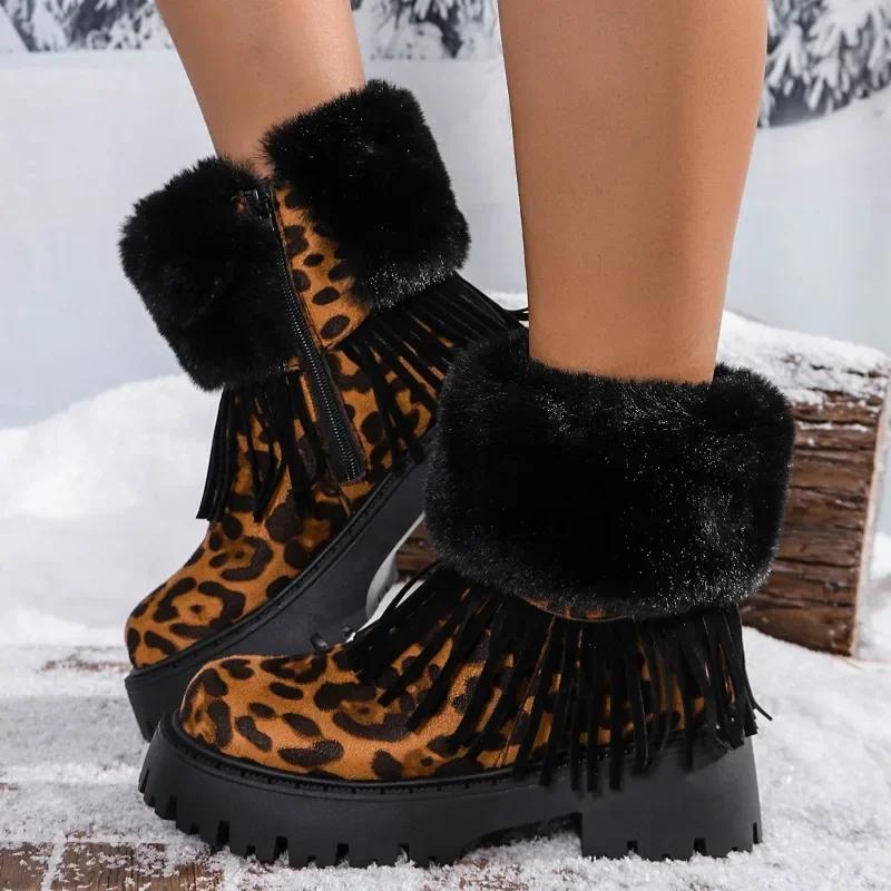 Damskie botki do kostki 2024 Moda Zima Leopard Zamsz Buty z bocznym zamkiem dla kobiet Pluszowy gruby obcas Vintage krótkie śniegowce