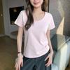Damen U-Ausschnitt Baumwolle Kurzarm T-Shirt, Einfarbige, Lockere Passform, Schlankmachend, Koreanischer Stil, Frühjahrs-/Sommerkollektion (K3017)