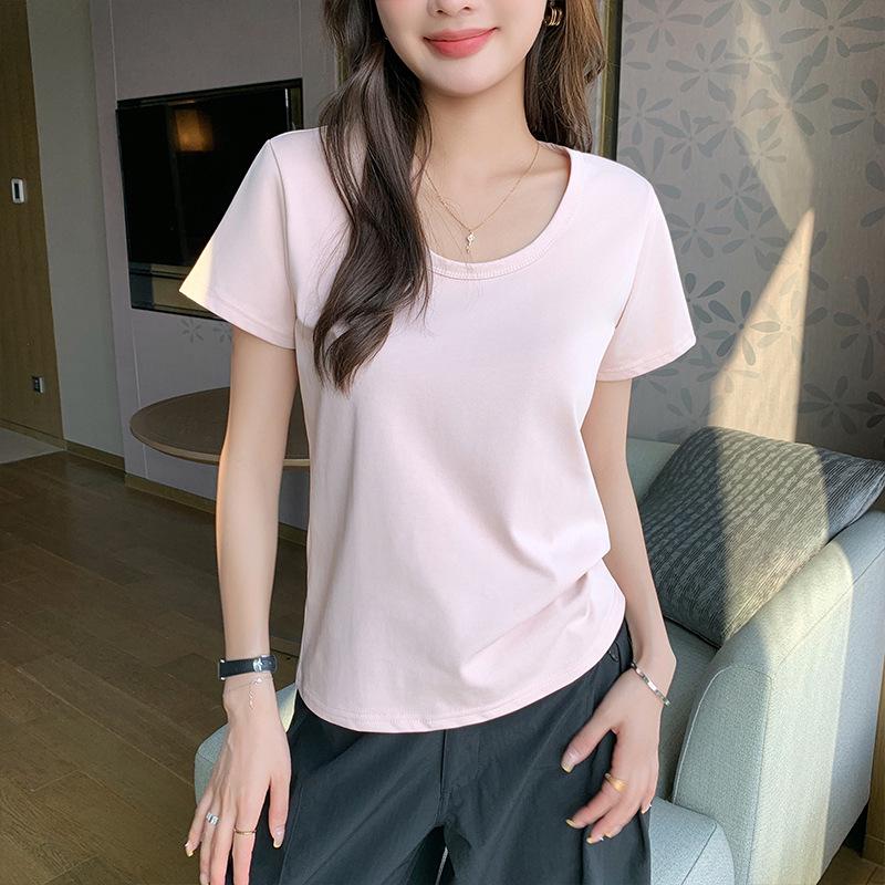 Damen U-Ausschnitt Baumwolle Kurzarm T-Shirt, Einfarbige, Lockere Passform, Schlankmachend, Koreanischer Stil, Frühjahrs-/Sommerkollektion (K3017)